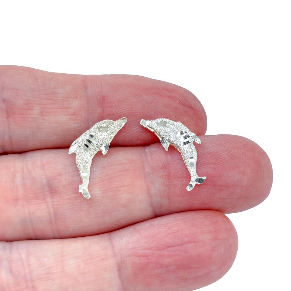 Vintage Sterling Silver 925 Dolphin Stud Earrings One Tail Broken